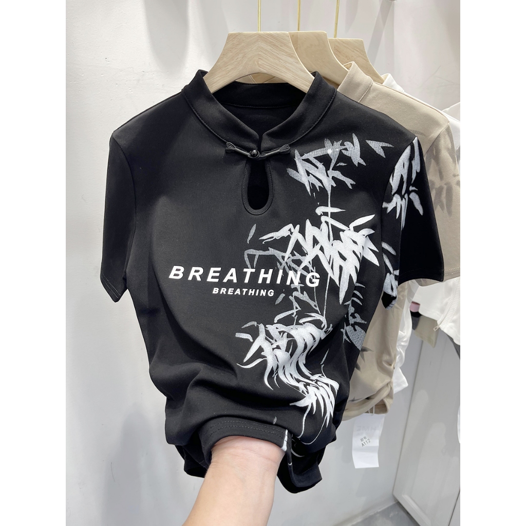 Áo thun in brea cổ եàu màu đen, chất cotton mỹ cao cấp, co giãn, thoáng mát, che bụng tốt, dễ phối đồ