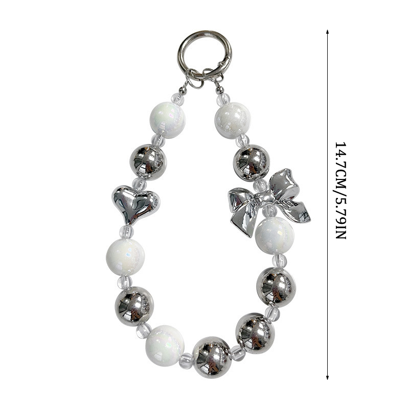 Y2K Silver Bow Beaded Phone Case Lanyard Stylish Bead Phone Chain Wrist Band Anti Lost Phone Strap Earphone Pendant Keychain. 