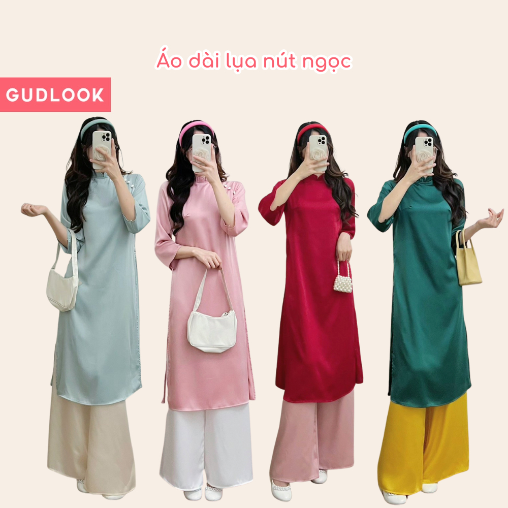 Áo Dài Lụa Nữ Cách Tân Cúc Bọc GUDLOOK Trơn 4 Màu Phối