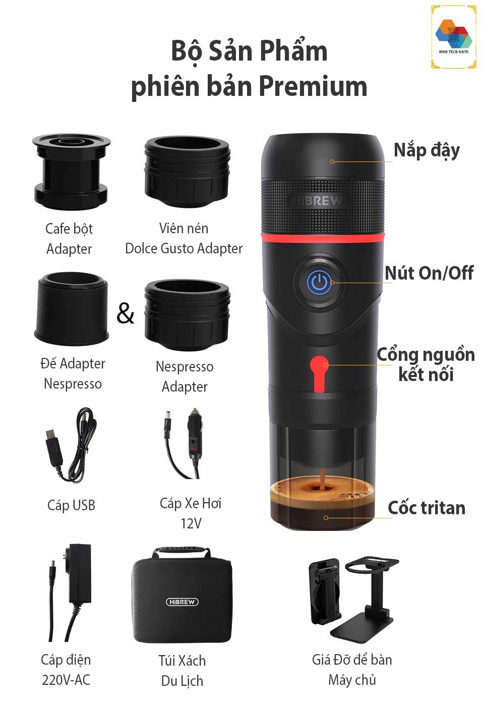 Máy pha cà phê mini HiBREW ACM009 tự động Espresso, 3 trong 1, cầm tay nhỏ gọn, phiên bản Premium tiện lợi mọi nơi, hàng chính hãng