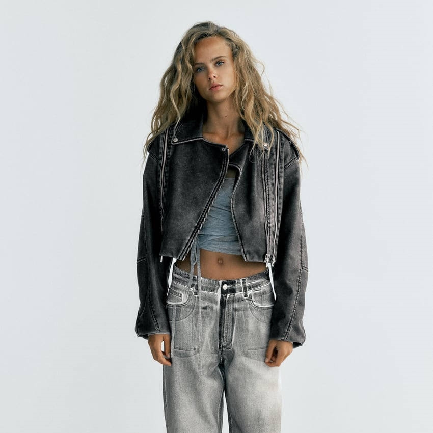 ZARA leather jacket for women 2023 spring and autumn new style distressed effect imitation leather motorcycle jacket 4341726 802