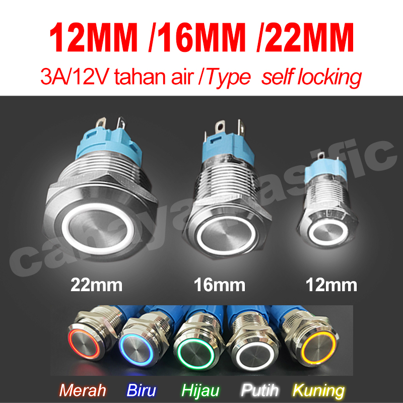 Saklar On Off LED Stainless Push Button Switch 12/16/22MM 3A 12V ...