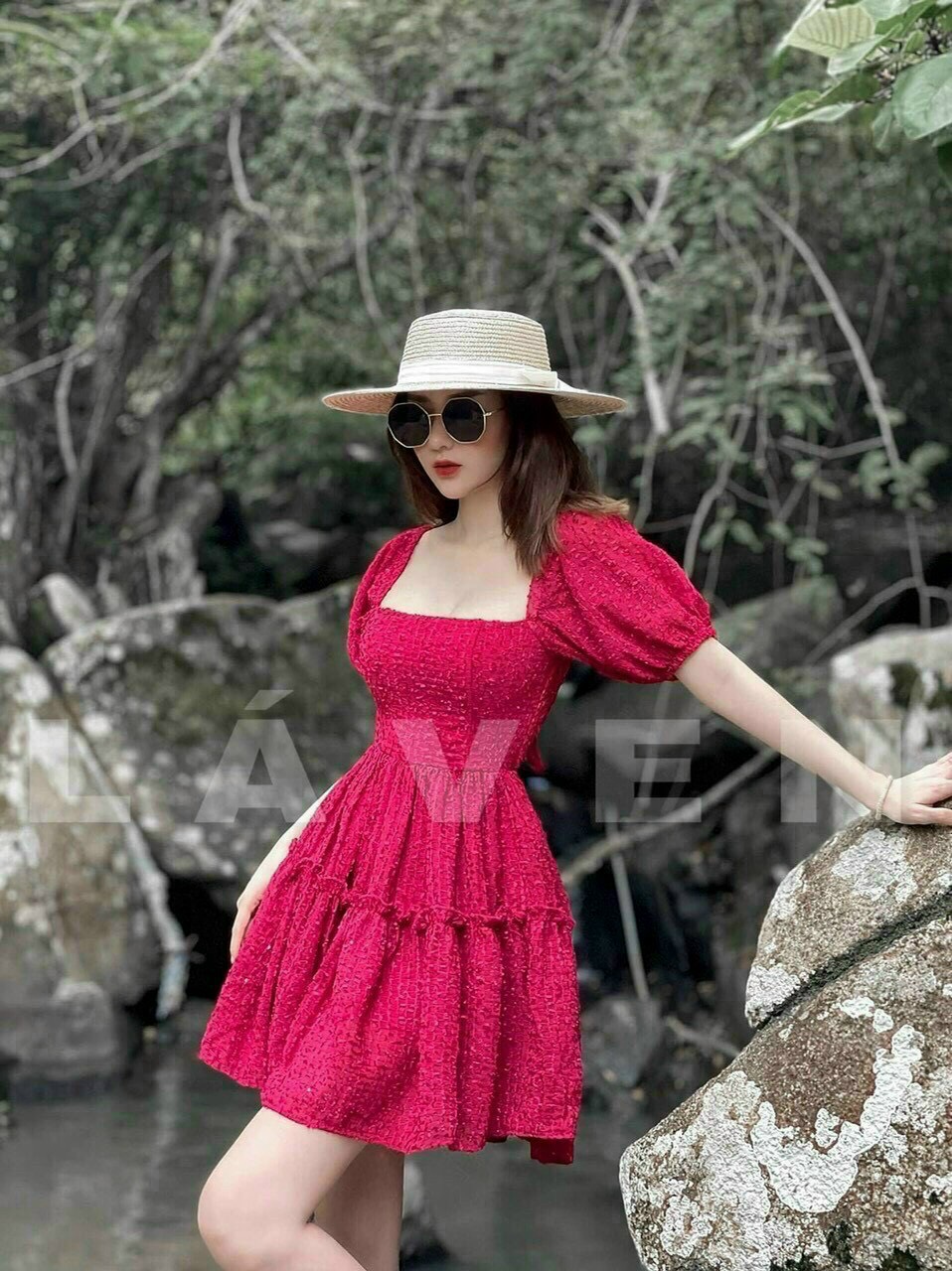 Đầm váy nữ cổ vuông tay búp cột nơ sau lưng chất vải dày mịn có size lựa chọn