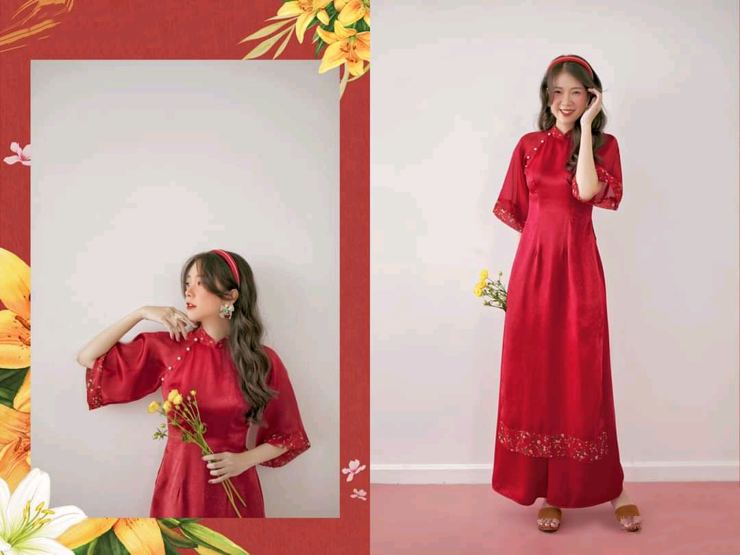 ÁO DÀI CÁCH TÂN NỮ THIẾT KẾ TAY PHỐI TƠ HOA NHÍ ĐÍNH NGỌC - ÁO DÀI TRUYỀN THỐNG MAY SẴN MÀU ĐỎ- ÁO DÀI NỮ SINH