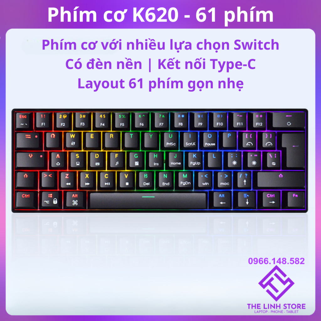 Bàn phím cơ K620 layout 61 phím - Có LED nhiều Switch