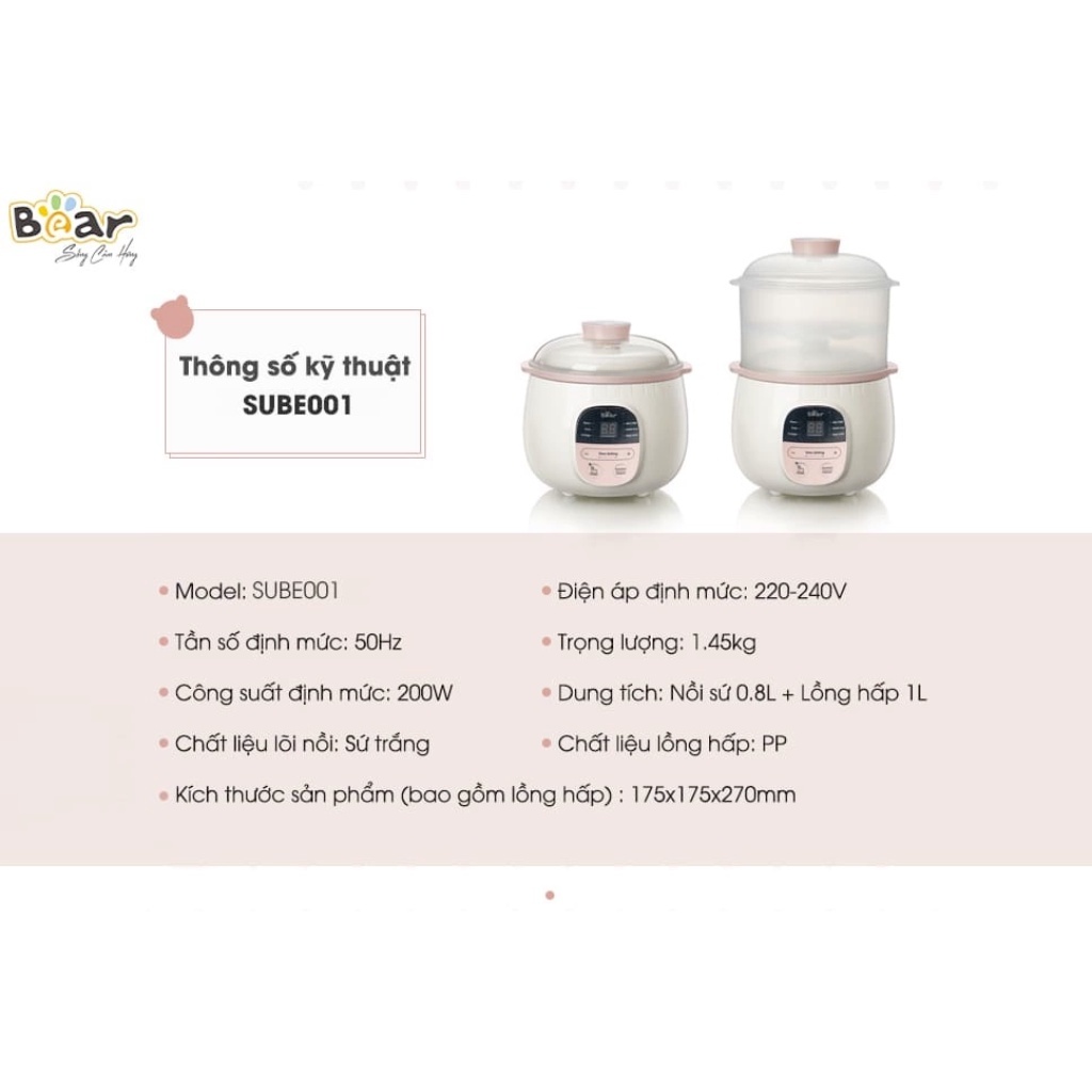 Nồi nấu cháo chậm Bear 0,8L bản tiếng Việt có lồng hấp