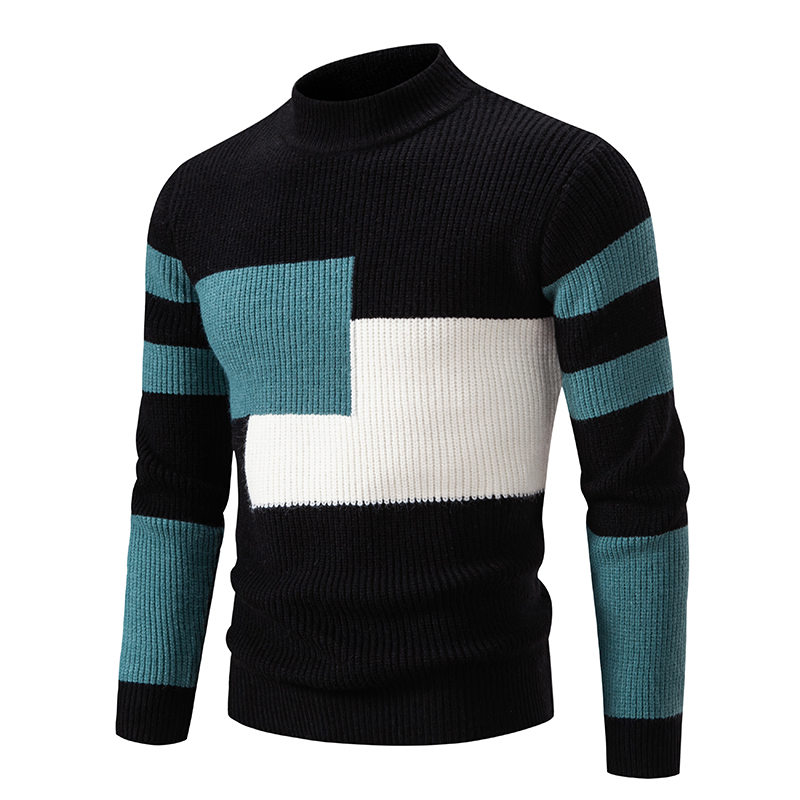 Men's Pullover Sweater Color Block Design Crew Neck Long Sleeve Knit Pullovers Winter Slim Sweater