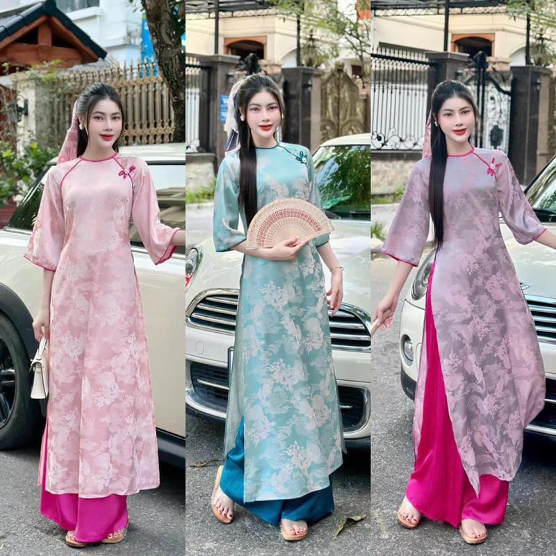 Áo dài cách tân gấm Long Phụng tay lỡ phối viền thanh lịch diện Tết chụp ảnh dự tiệc – Mieso Store