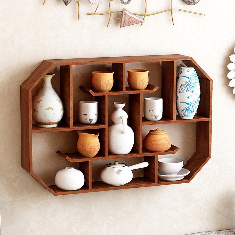 Retro solid wood wall-mounted wall storage shelves, desktop stationery, tea sets, storage shelves, ornaments, blind box shelves