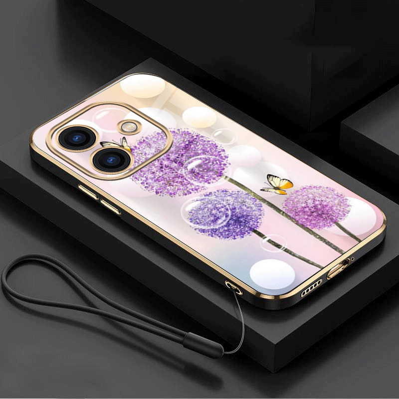 [Free Lanyard] OPPO A3x A3 Luxury Dandelion Flower Casing Square Edges Plating Back TPU Soft Case Cover. 