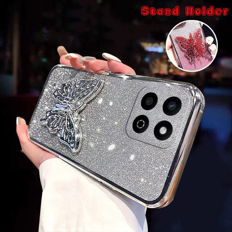 For Honor 200 Smart Case with Cute Butterfly Stand Luxury Slim Gradient Clear Plating Glitter Girls for Honor 200 Smart Back Cover. 