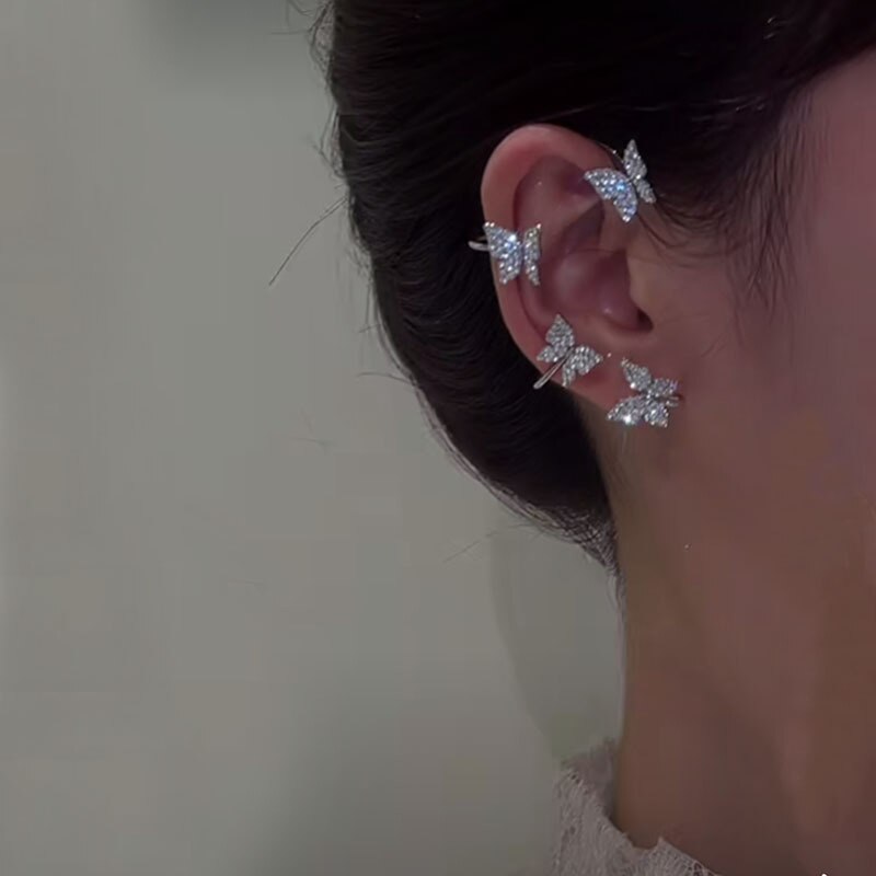 Kpop Shiny Zircon Butterfly Ear Clip Without Piercing Earrings For Women Fashion Wrap EarCuffs Earring Bride Wedding Jewelry Birthday Party Gifts