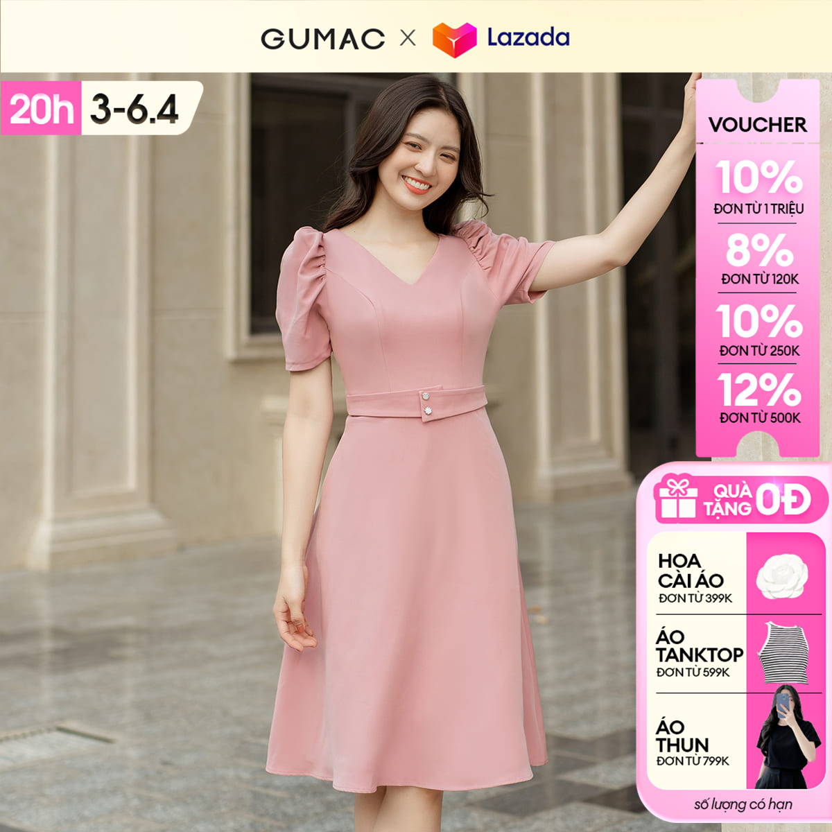 Đầm nữ A tay nhún GUMAC DD05021