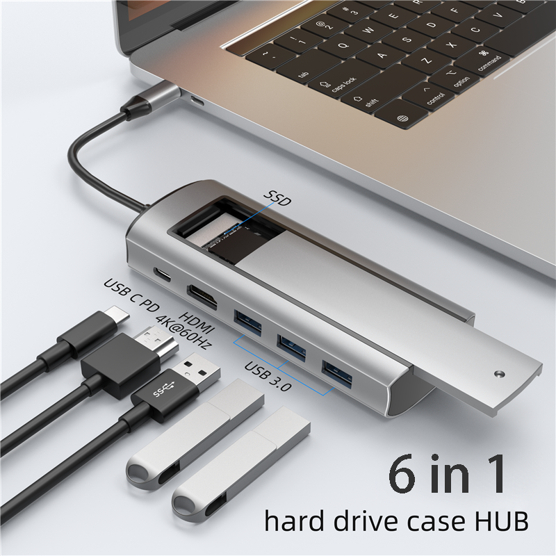 6-in-1 USB Hub With Disk Storage Function USB Type-C to 4K 60Hz HDMI-Compatible Laptop Dock Station