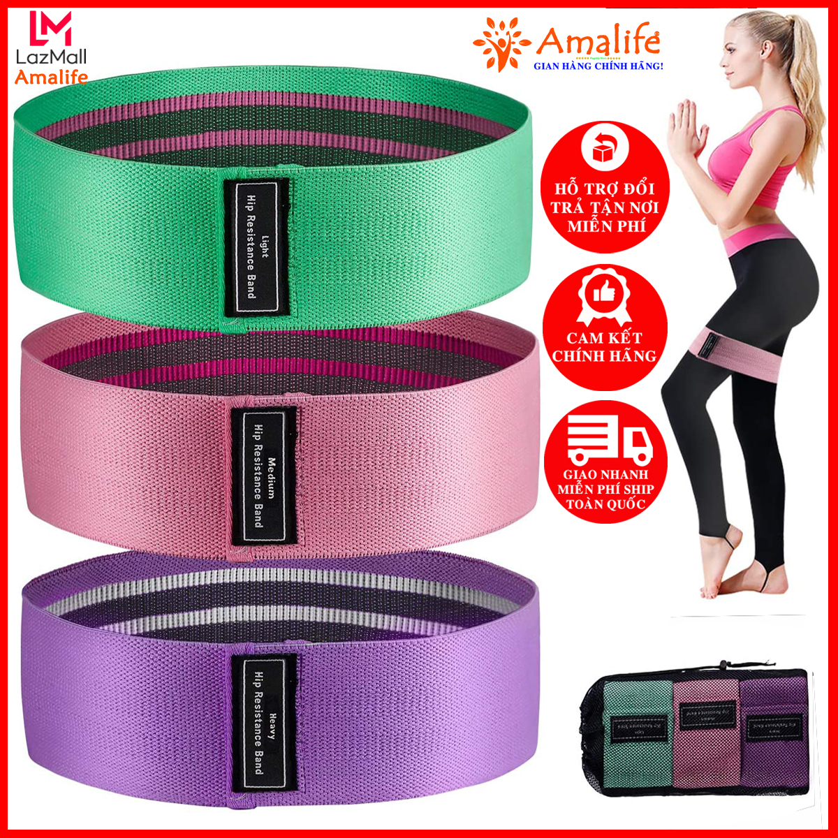 Bộ 3 Dây Kháng Lực Tập Mông Trái Đào Mini Band – Dây Đàn Hồi Hỗ Trợ Tập Chân, Đùi, Mông miniBand Cao Cấp Chính Hãng Amalife