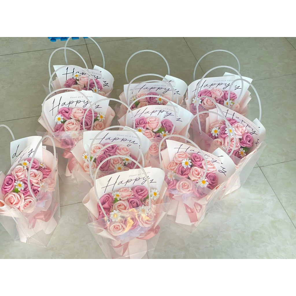 Bó hoa sáp 10 bông kitu làm quà tặng 20/11 20/11 8/3, hoa hồng sáp hồng đỏ kèm túi ngọc thịnh
