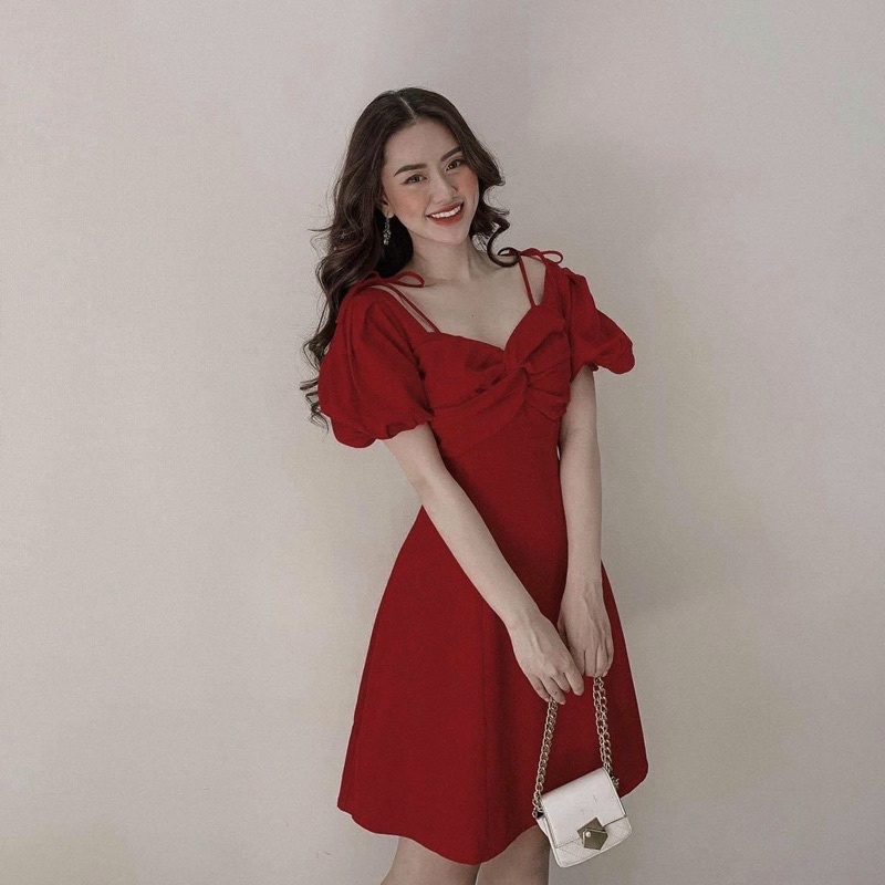 Đầm xoắn ngực nơ vai 2 màu