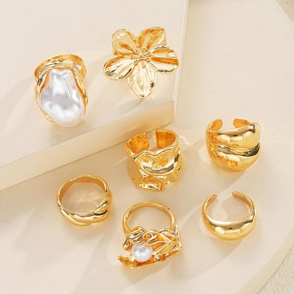 Enacolor%20Elegant%20Women%20Exaggeration%20Irregular%20Geometry%20Flower%20Ring%20Set%20Gold%20Metal%20Pearl%20Joint%20Open%20Rings%20Jewelry%20Accessories%20-%20Image%205