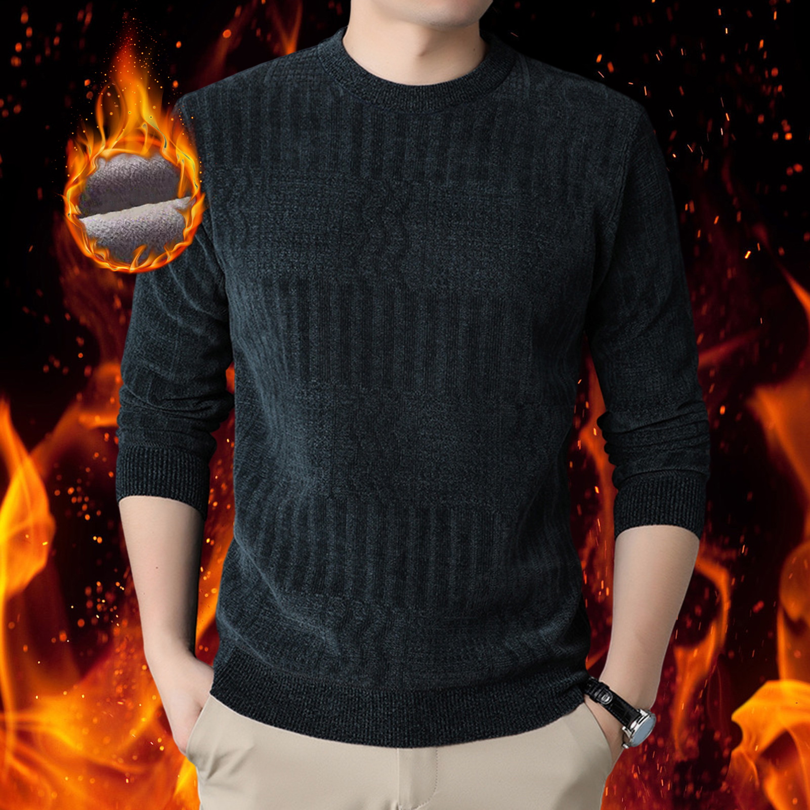 Gestrickter Langarmpullover für Herren, einfarbig, gemütlicher und warmer Strickpullover für Herren, elastisch und Übergröße, Perfect208_voghion.com