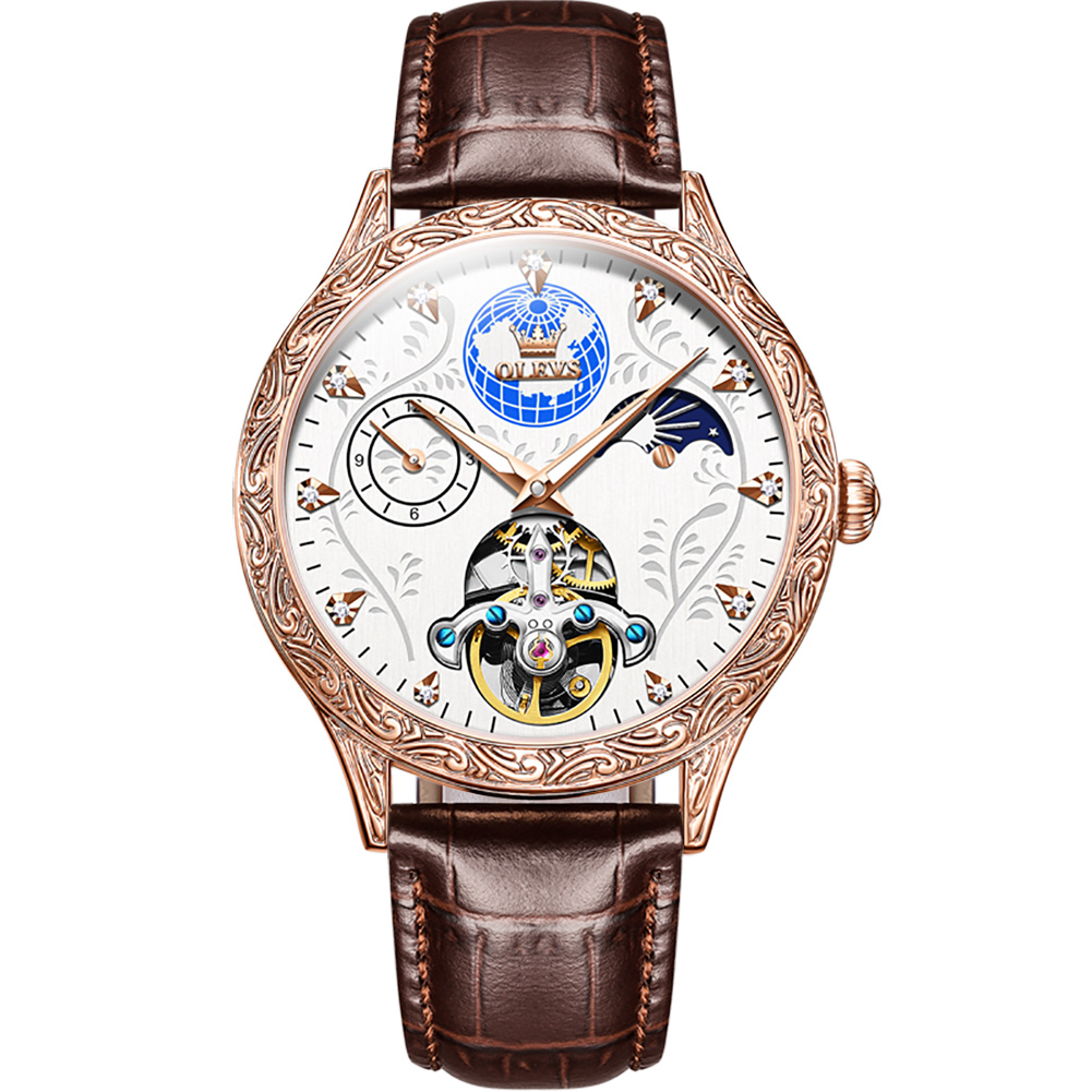 OLEVS 6660 Fashion Men Wristwatch Automatic Mechanical Waterproof Genuine Leather Band Watch For Men Luminous Moon Phase 24-hour Indication