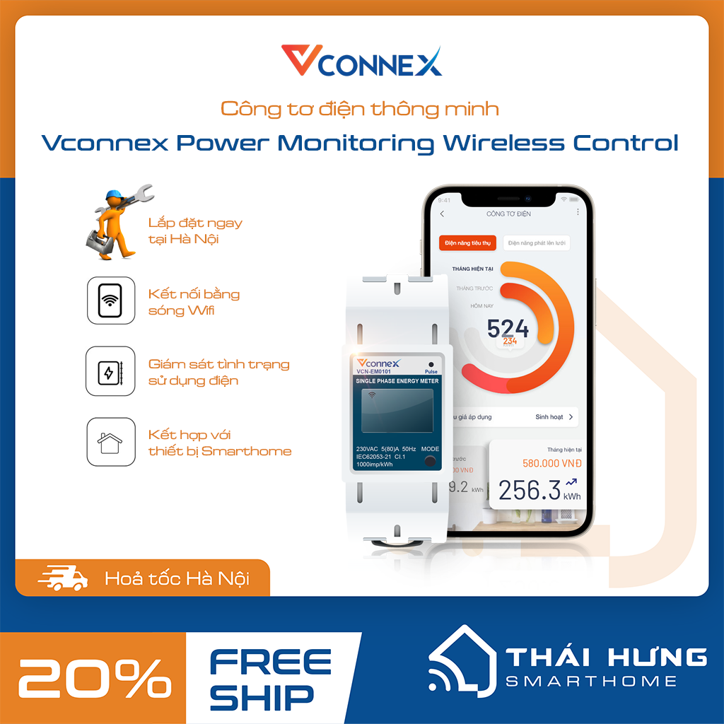 Công tơ thông minh Vconnex, kết nối app, có chứng chỉ đo lường, bảo hành 24 tháng, hỗ trợ tạo cảnh báo tiền điện, công suất, đo sản lượng điện mặt trời.