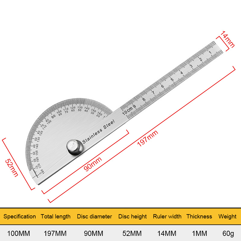Protractor Angle Ruler Graduation Gauge Stainless Steel Angle Gauge Angle Gauge 180 Degree Semicircle Carpentry Ruler 14cm solid