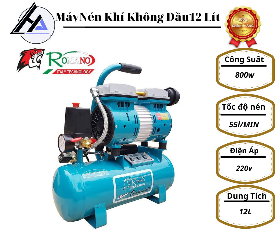 Máy Nén Khí, Máy Nén Khí Mini Giảm Âm ROMANO 12L Không Dầu 0.75HP -Tặng Kèm Dây Xoắn Hơi+Sung Xì Khô
