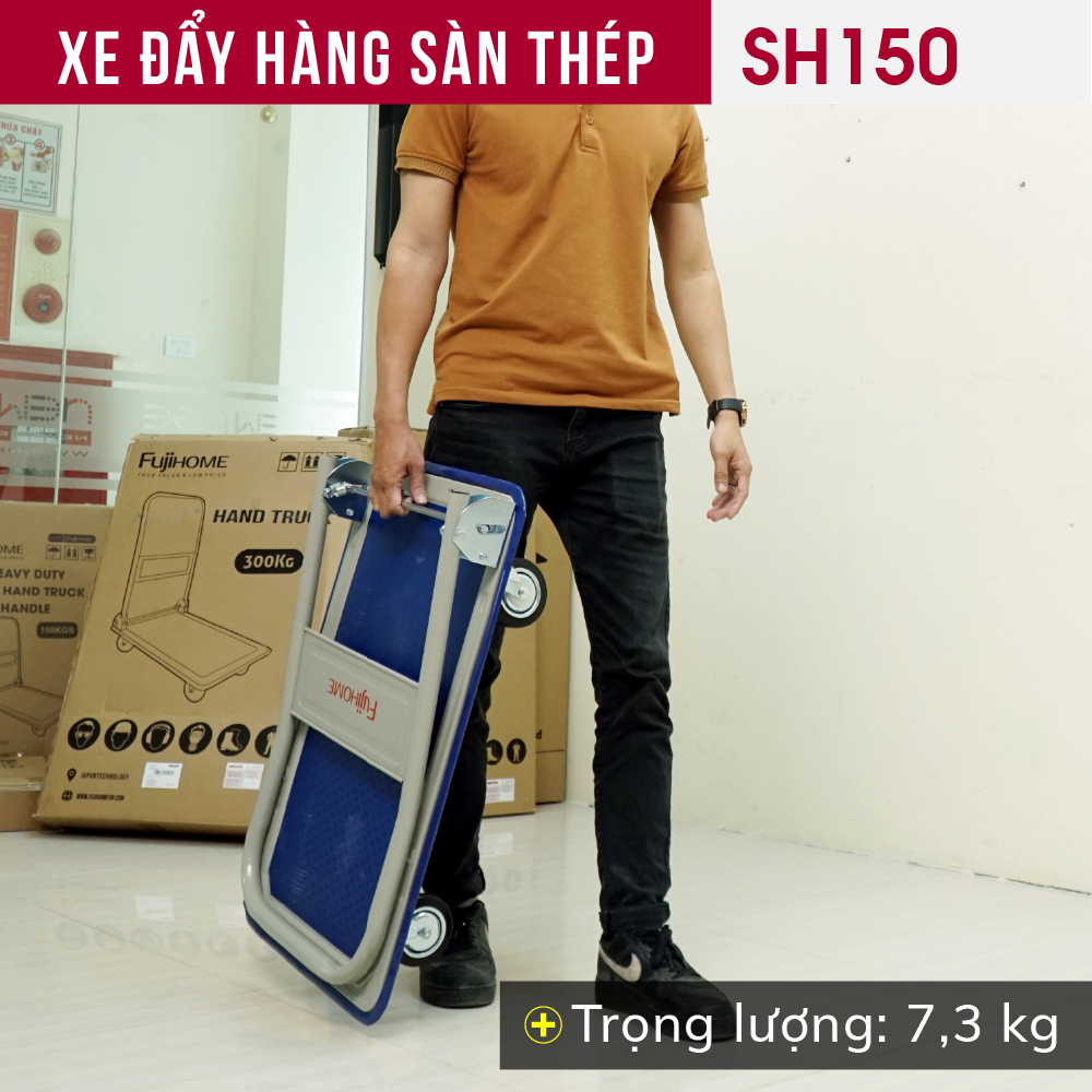 Xe đẩy hàng 4 bánh gấp gọn 100kg Nhập Khẩu CN Nhật Bản Fujihome SH150, bánh cao su siêu bền chống ồn, xe kéo hàng sàn thép gấp gọn đa năng xếp gọn - Bảo hành 1 năm