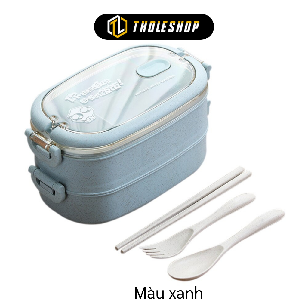 Hộp đựng cơm 2 tầng lúa mạch cho sinh viên, văn phòng - Hộp đựng cơm bento 2 tầng kèm đũa, muỗng, nĩa lúa mạch
