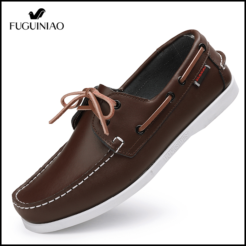 Fuguiniao 2022 NewNew Genuine Leather Men Casual Shoes Spring Fashion Docksides Boat Shoes England Men's Flats Luxury Lace up Men Loafers Comfortable Lazy Shoes Plus Size 38-45