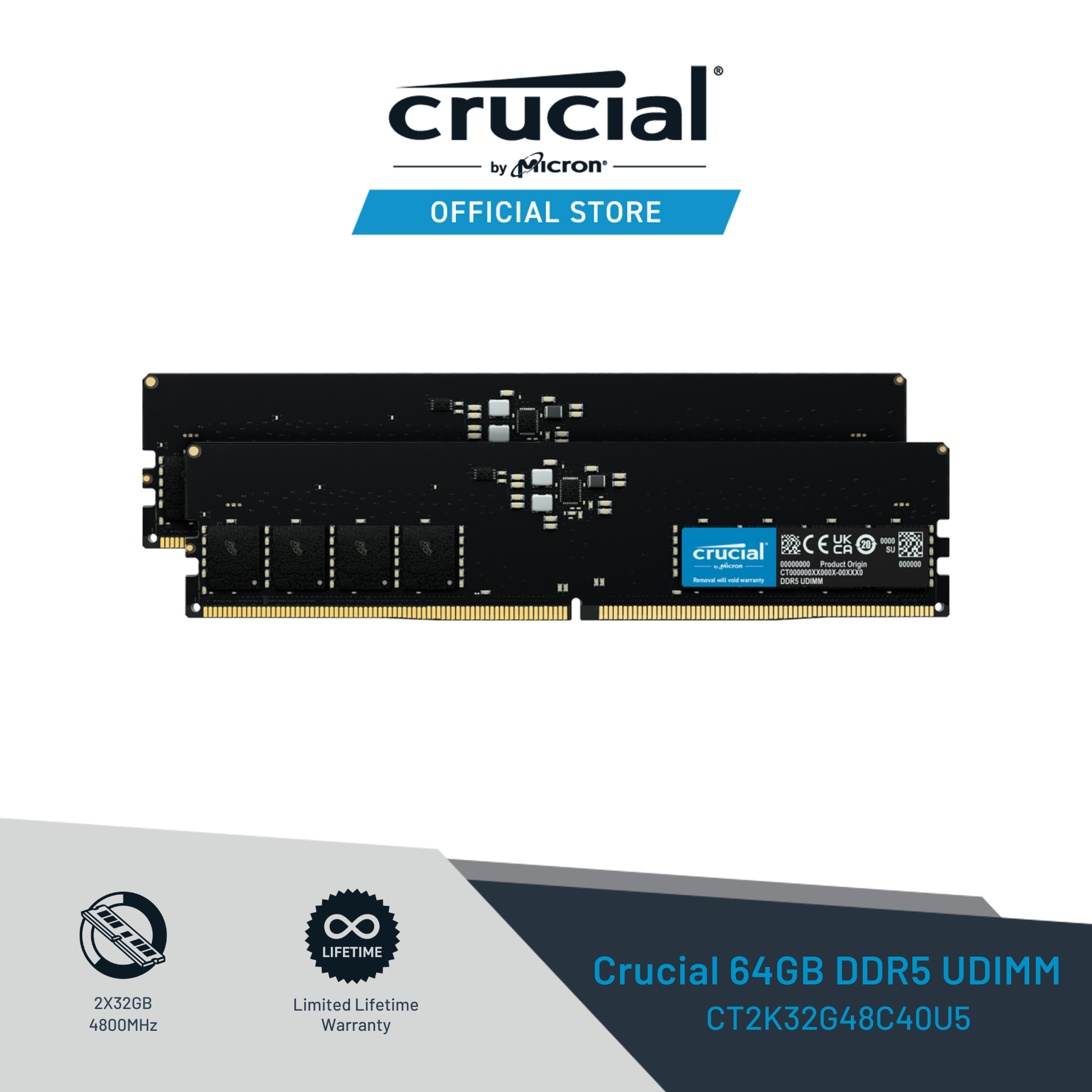 Crucial 64GB Kit (2 x 32GB) DDR5-4800 UDIMM CT2K32G48C40U5 Lazada  Singapore