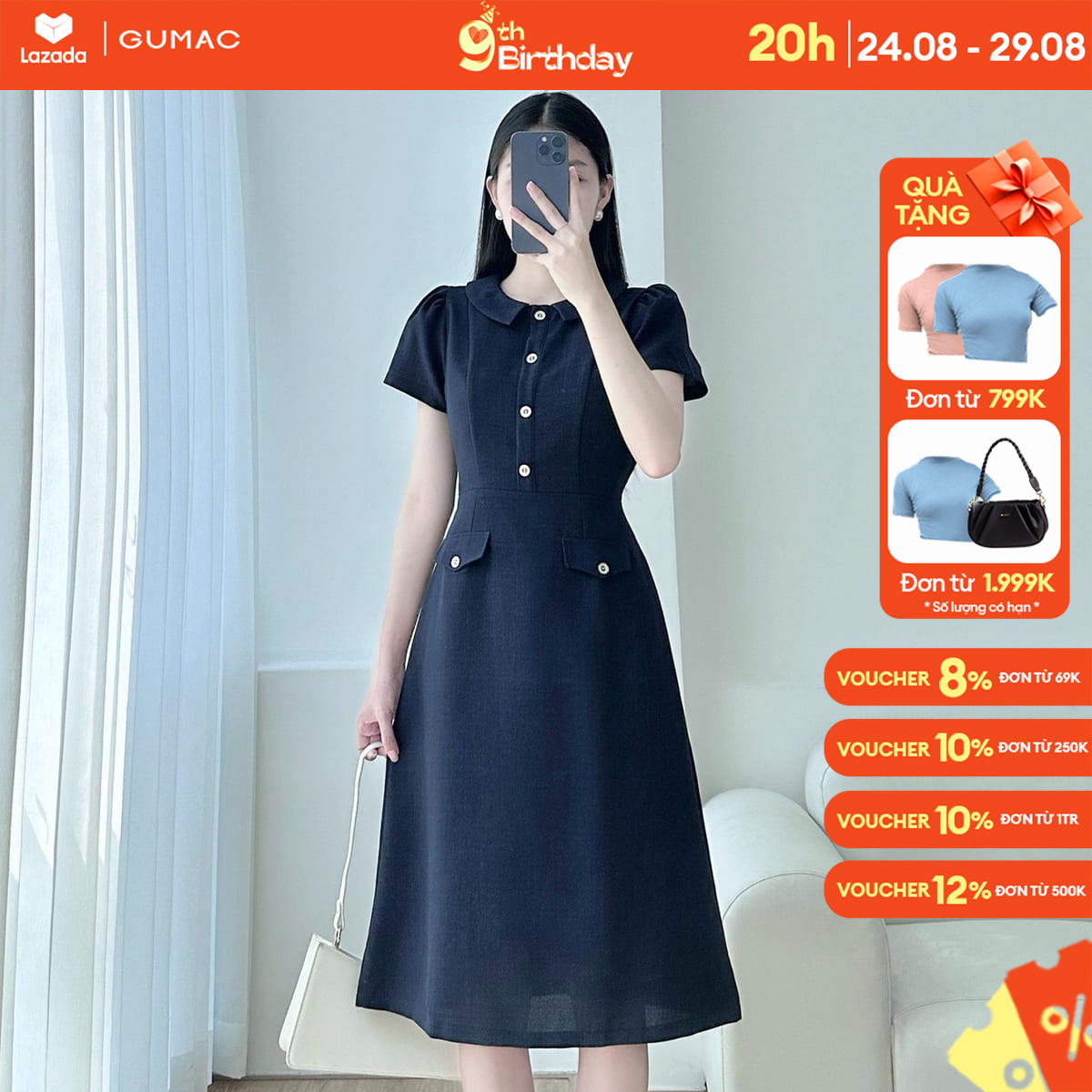 Đầm a tay ngắn thời trang gumac de04039