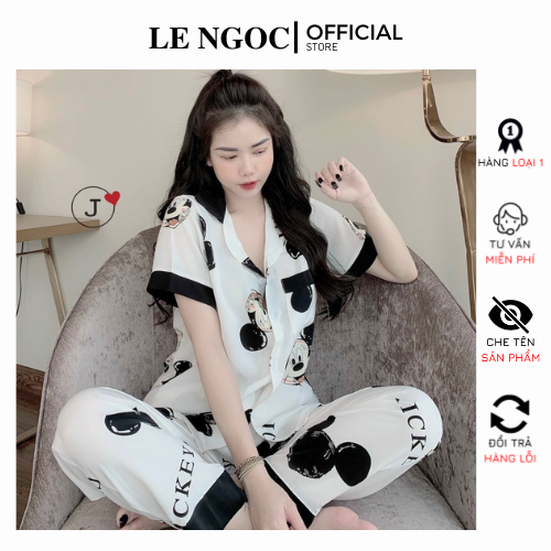 Bộ pijama cộc tay quần dài chất liệu lụa mango, bộ đồ ngủ nữ pyjama họa tiết gấu dễ thương sang trọng LNDC21