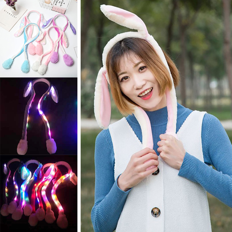 【Online】 Cute Glow Rabbit Ear Hat Headband Sweet Can Moving Bunny Ears Plush Hair Hoop Party Photo Props Headwear Gift YUEYING