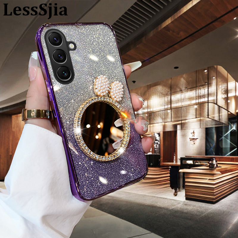 Phone Cover Samsung A26 A36 A56 Back case with Bow Makeup Mirror Luxury Shiny Gradient Clear Plating Glitter Girls Slim For Galaxy A36 A26 A56 Phone cases