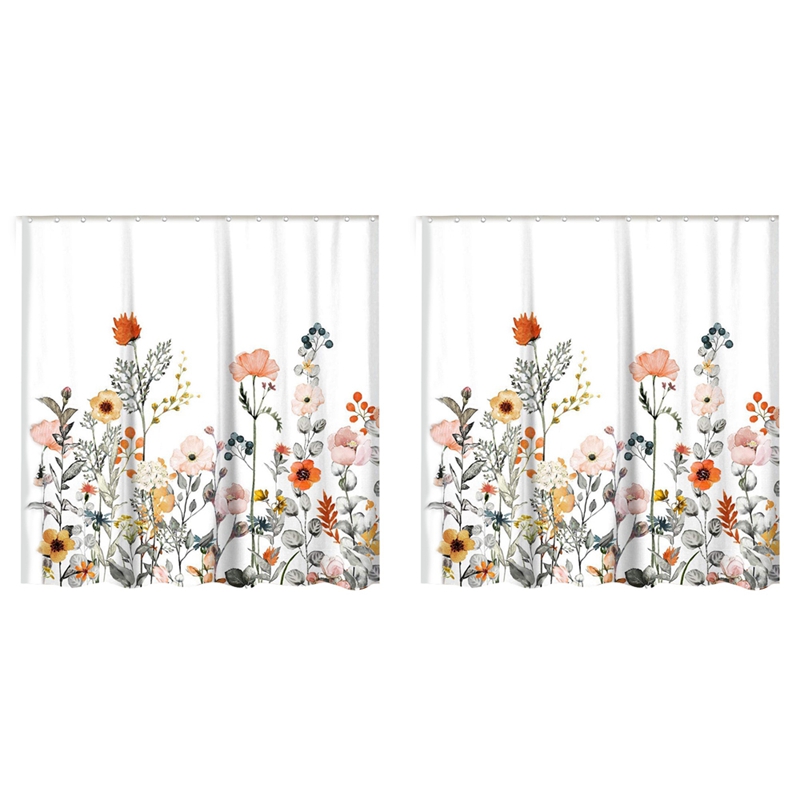 2Pcs Floral Shower Curtain with 24 Hooks Watercolor Botanical Flowers Decorative Bath Curtain Modern Bathroom