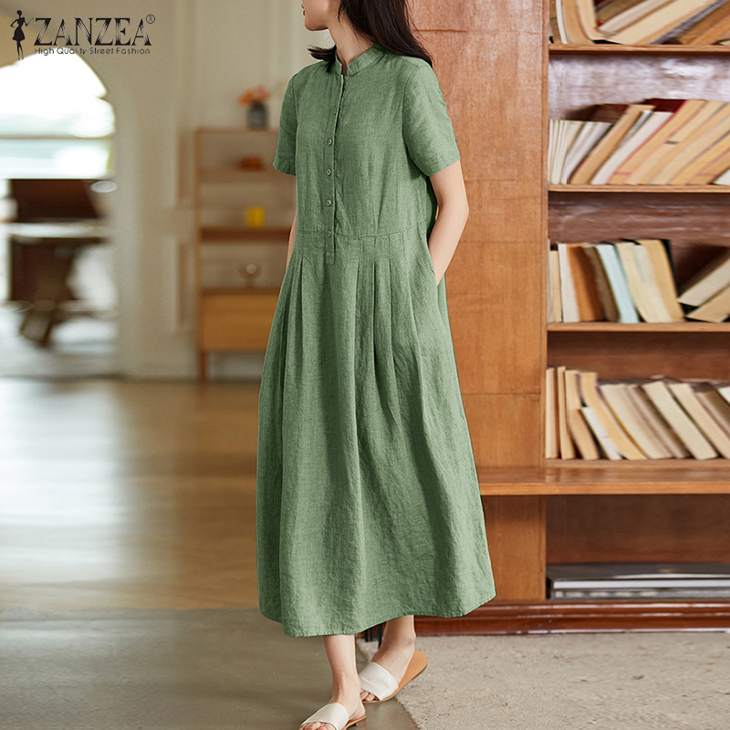 ZANZEA%20Korean%20Style%20Women's%20Dresses%20Vintage%20Casual%20Round%20Neck%20Short%20Sleeve%20Solid%20Color%20Midi%20Dress%20-%20Image%202