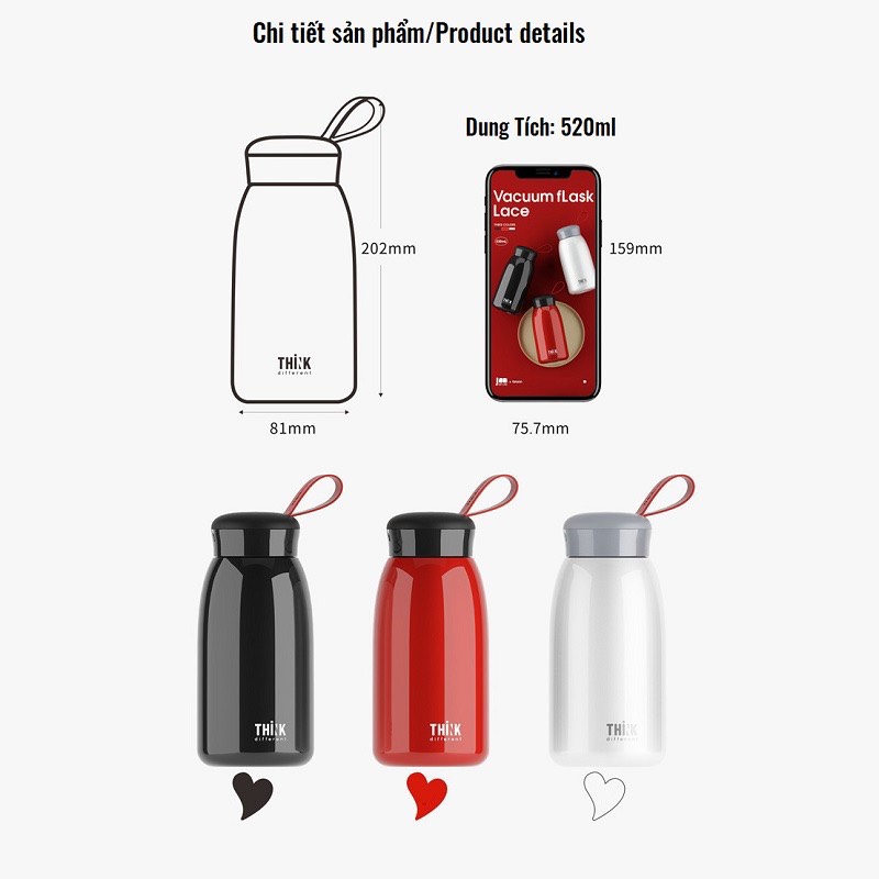 Bình Giữ Nhiệt HELLO Thép 304 Không Gỉ, Bình Chân Không 520ML Nhỏ Gọn Khi Mang Theo LAMITA BGN09