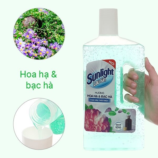 Nước lau sàn nhà Sunlight chai 1kg Tinh Dầu Thảo Mộc hương Hoa Hạ & Bạc Hà sạch bóng vết bẩn cứng đầu - hương thơm tươi mát