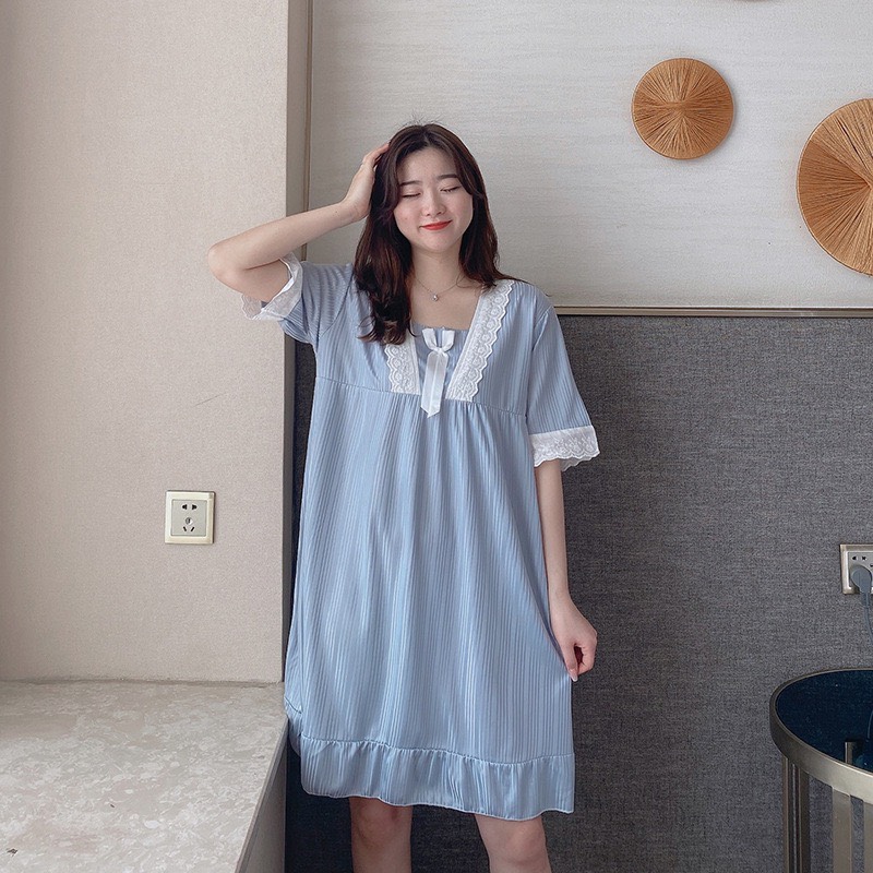 Đầm Ngủ Nữ Mặc Nhà Kẻ Sọc Nơ Lụa Ren Cực Dễ Thương