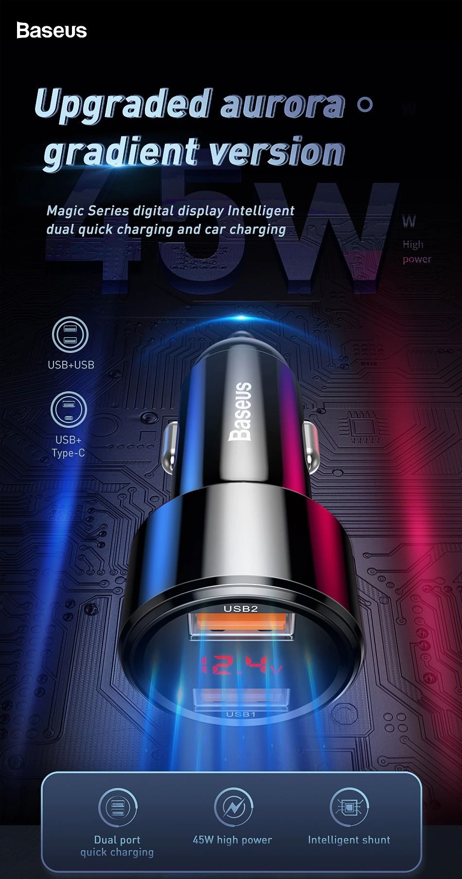 Tẩu sạc ô tô Baseus 45W Magic Series Quick Charge ( LED Display, PD/ QC 3.0/ PPS/ SCP/ AFC, Quick Charger )
