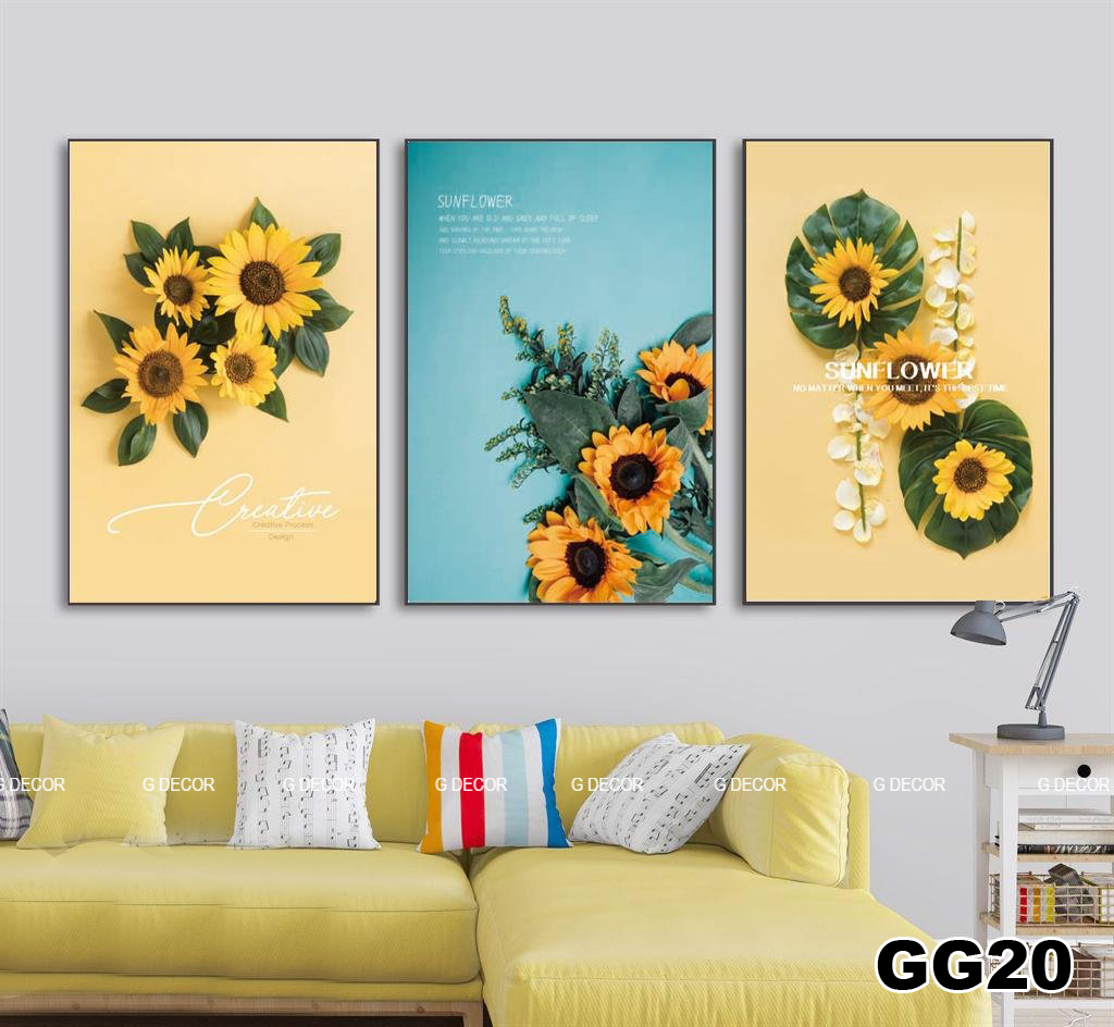 Tranh treo tường canvas 3 bức phong cách hiện đại Bắc Âu 20, tranh hoa hướng dương trang trí phòng khách, phòng ngủ, spa