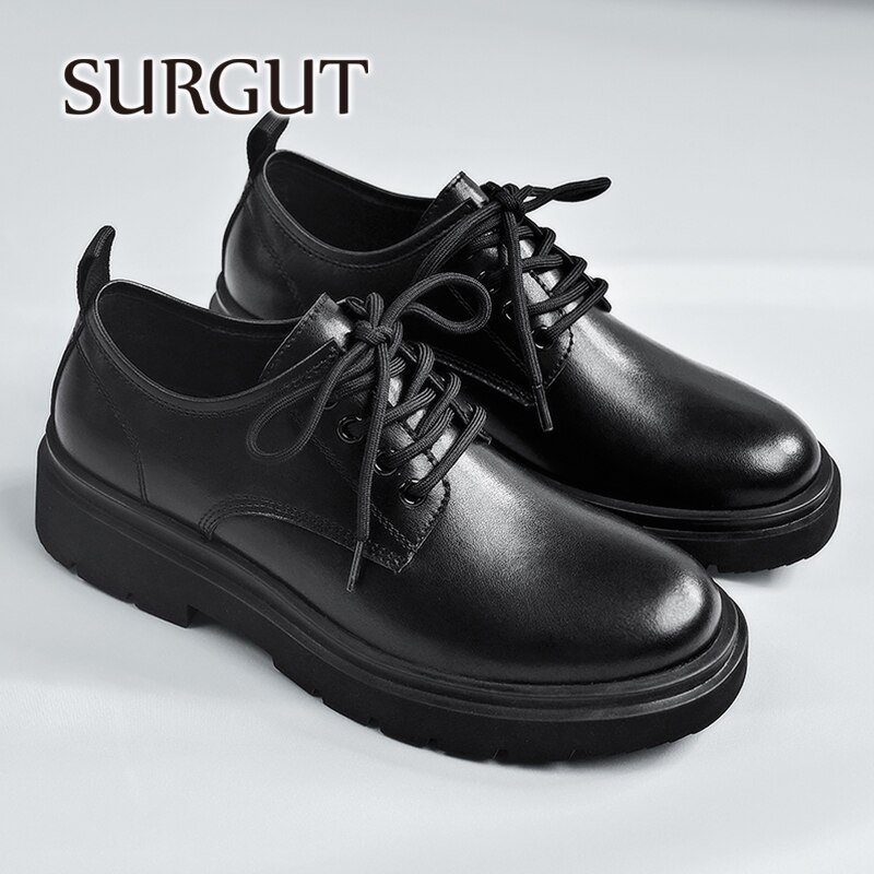 SURGUT Men Work Shoes British School Outdoors Leisure Height Increasing Platform Lace Up Thick Soled Genuine Leather Male Shoes
