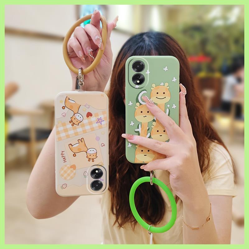 Liquid silicone shell ring Phone Case For OPPO A38 4G phone case Cartoon Back Cover Solid color wristband Lens package. 