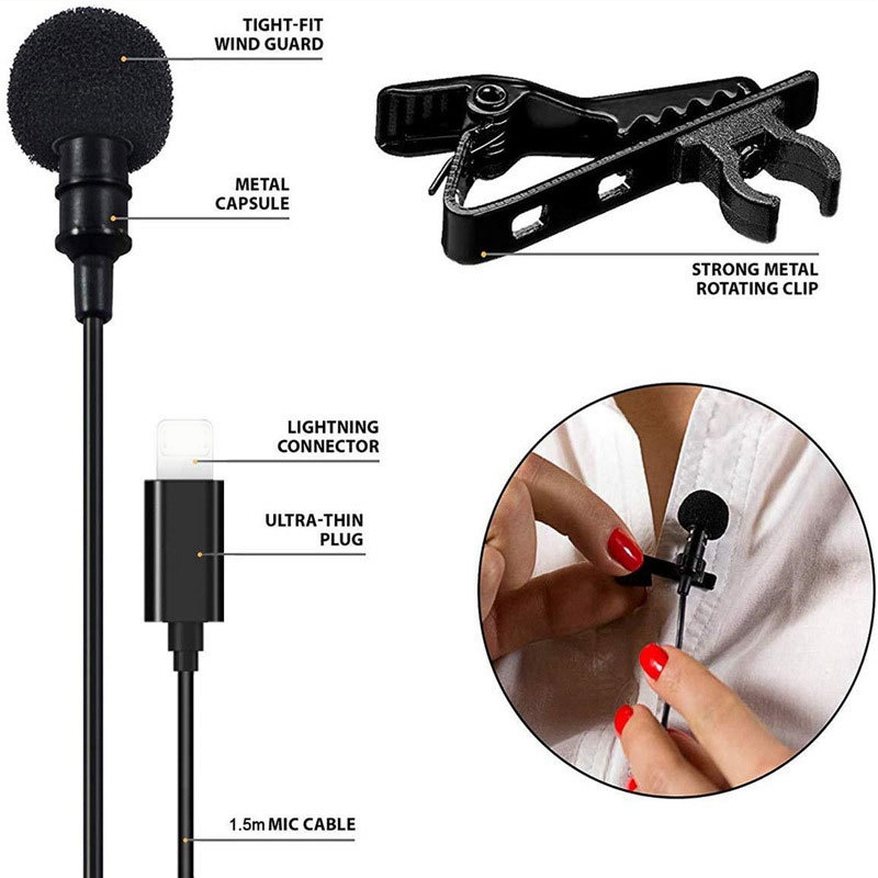 Professional Lavalier Lapel Microphone with Clip for iPhone/Recording/Interview/Video Conference/Voice Dictation