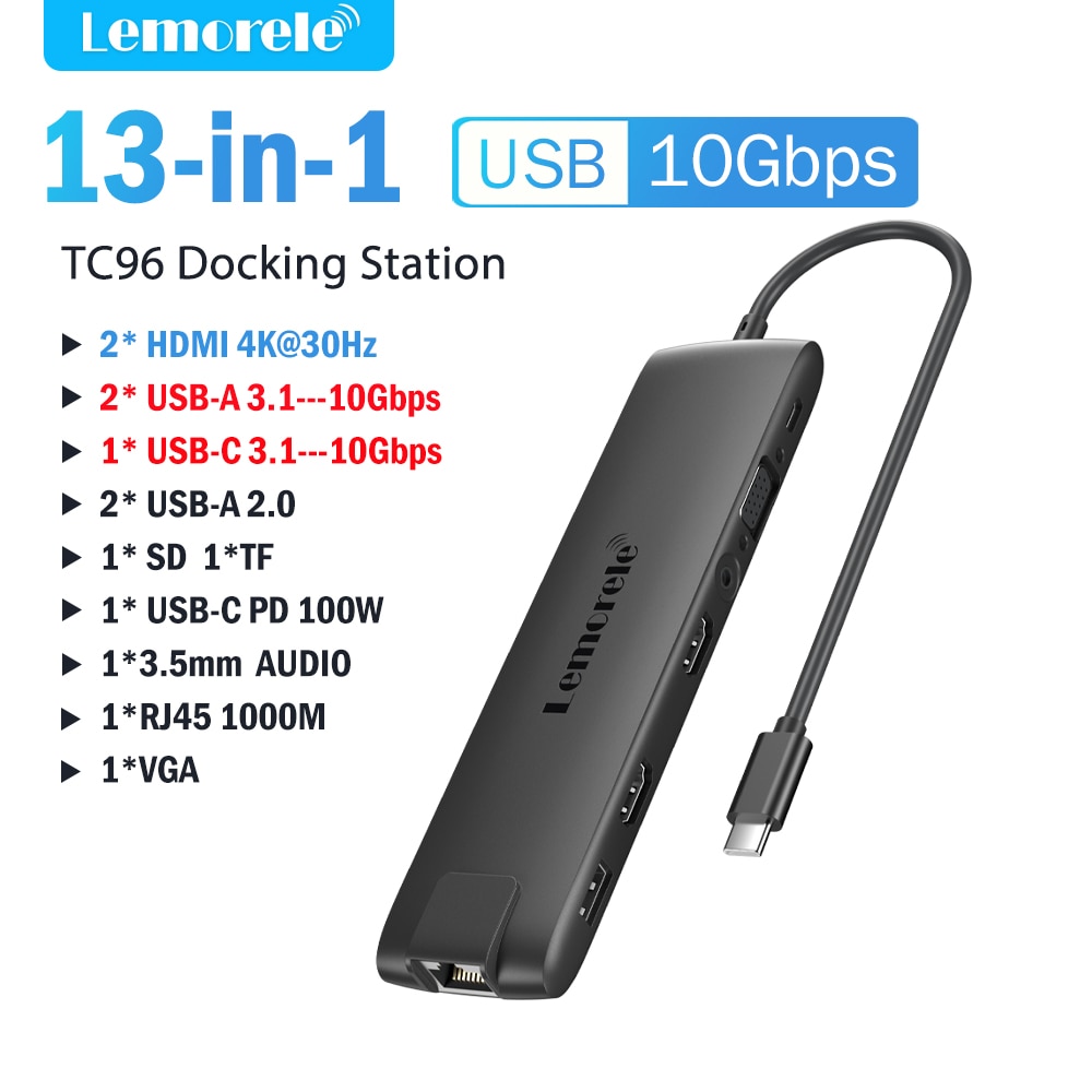 Lemorele tc96 usb hub usb 3.1 dock station usbc to dual hdmi 4k 10gpbs type-c adapter vga usbc 3.1gigabit ethernet for mac win