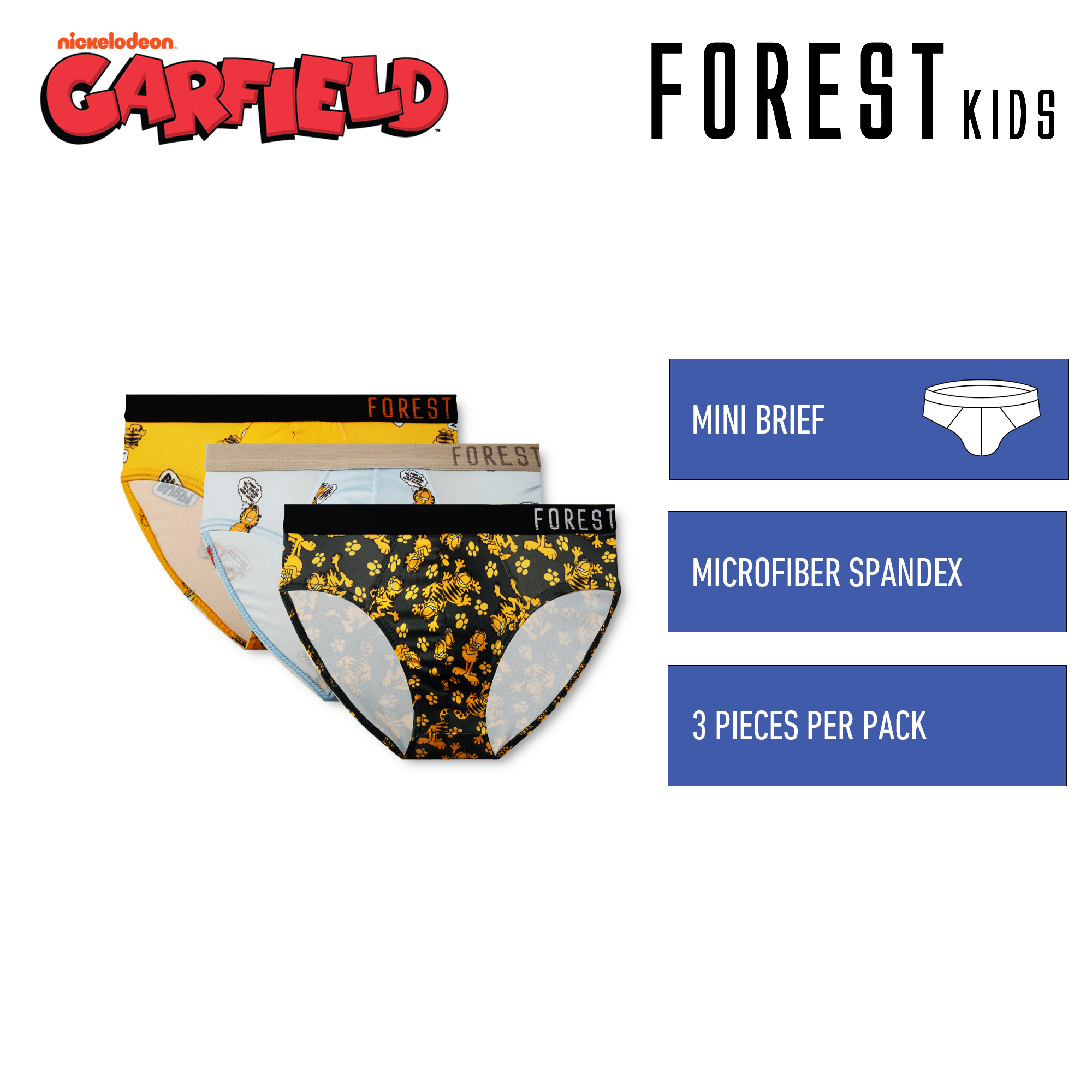 3 Pcs) Forest X Garfield Kids Microfibre Spandex Mini Brief Underwear  Assorted Colours - GUJ0010M