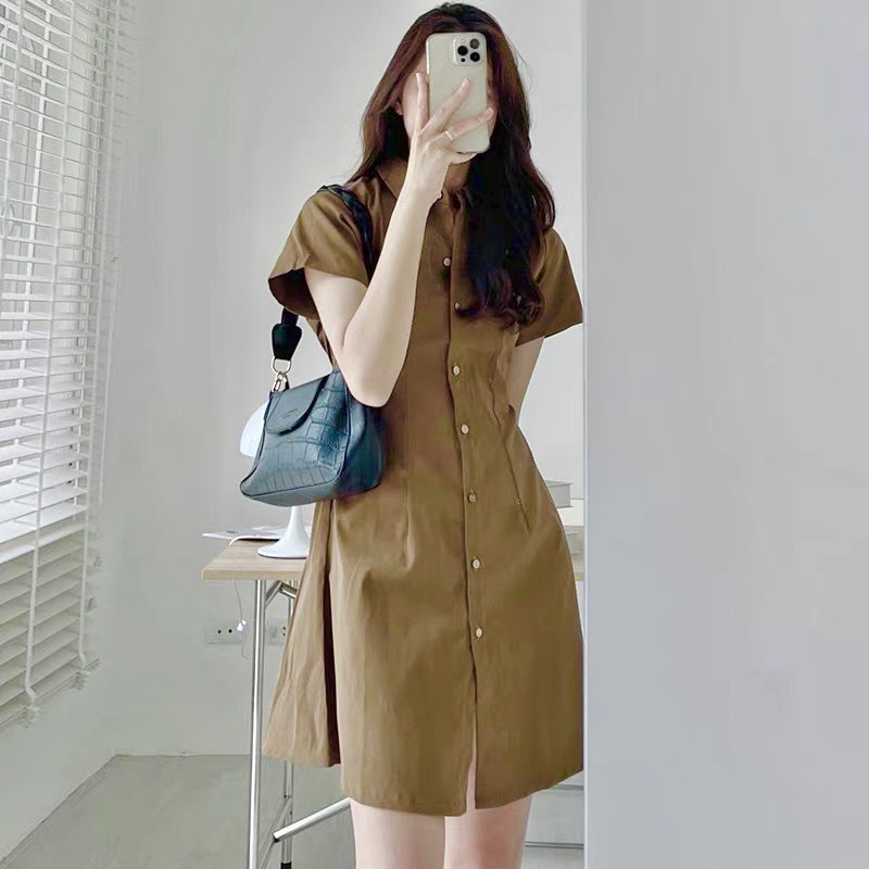 Váy Đầm Sơ Mi Thô Ngắn Tay Cổ Đức kèm dây thắt eo