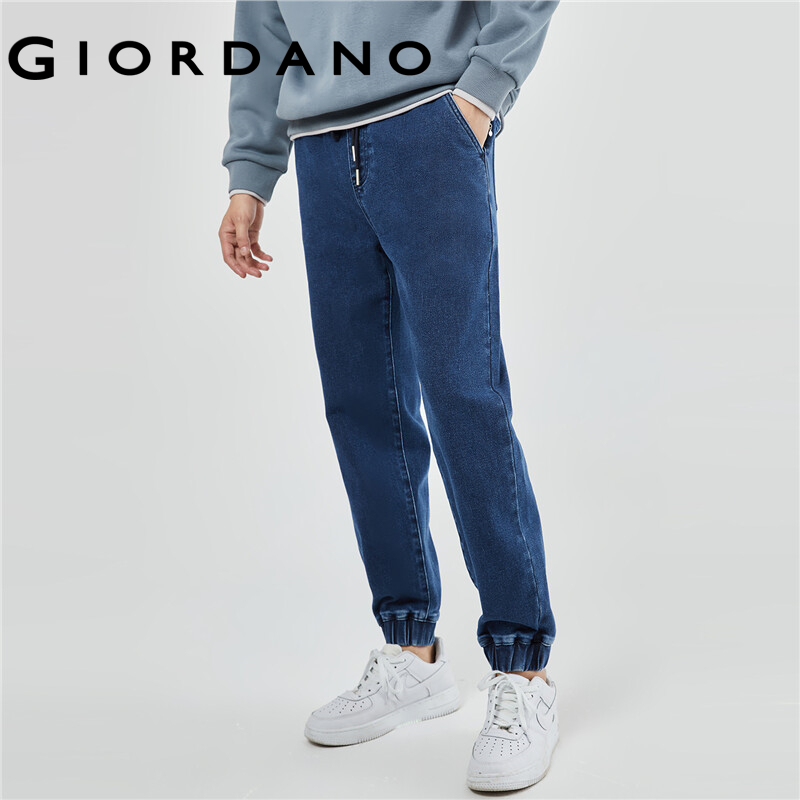 GIORDANO Men Pants Drawstring Elastic Waist Chunky Denim Pants Solid Color Multi-Pocket Fashion Casual Denim Pants 18113922