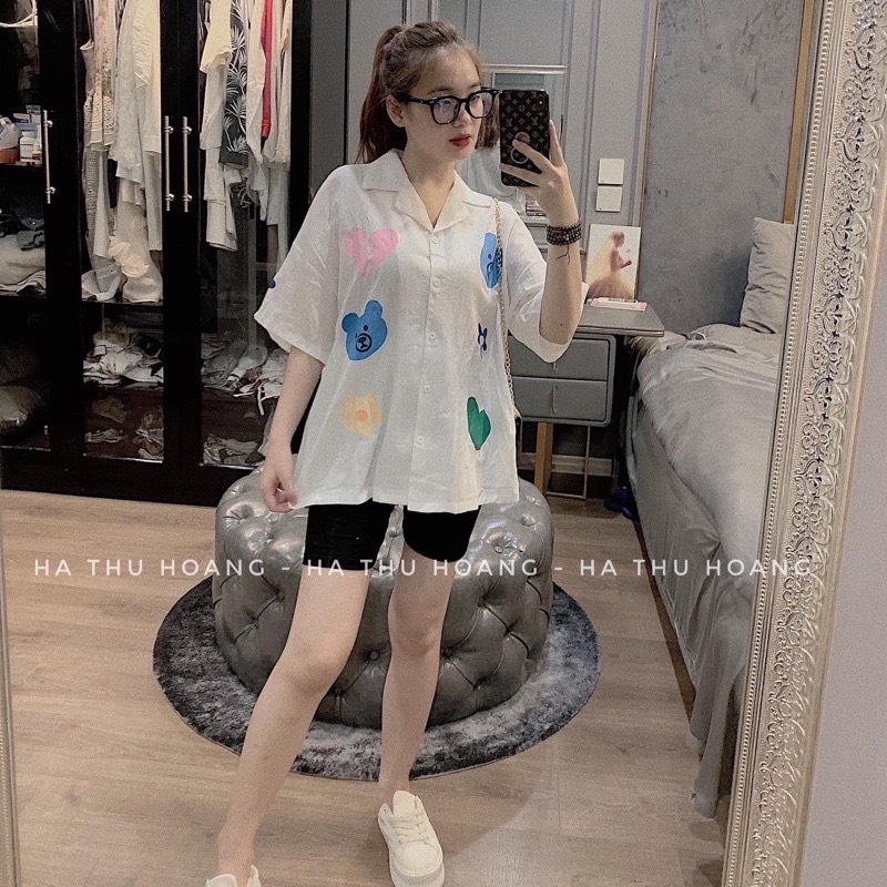 Set Bộ Đồ Nữ Áo Sơ Mi Tim Phối Quần Legging Co Giãn